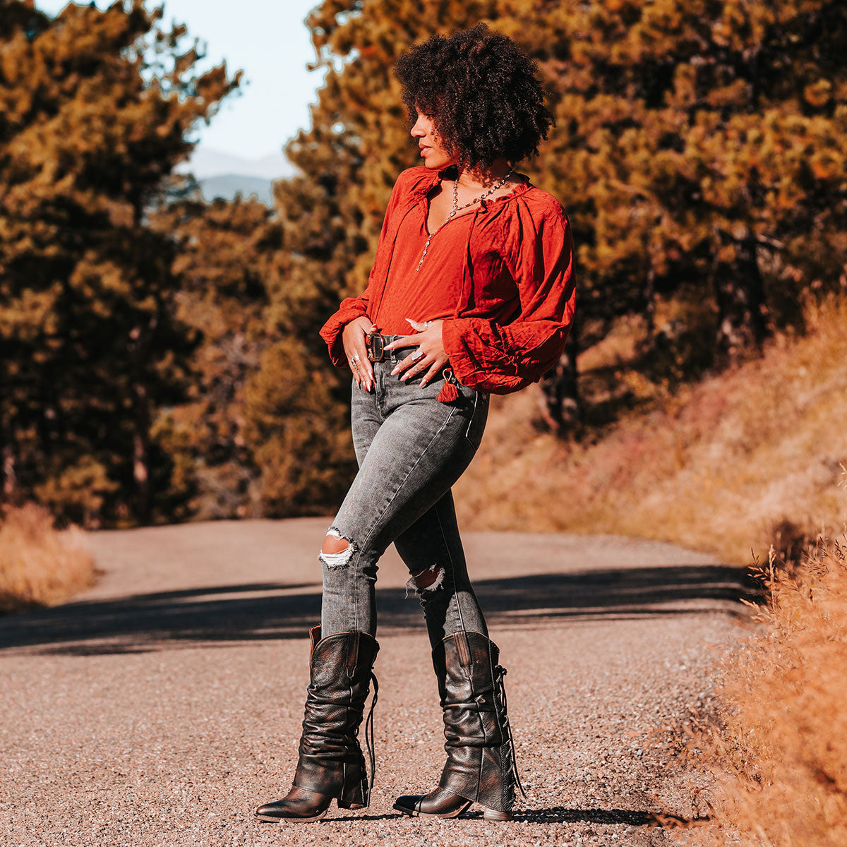 FREEBIRD women's Jules black leather high flare heel western boot with stitch detailing and back lacing lifestyle