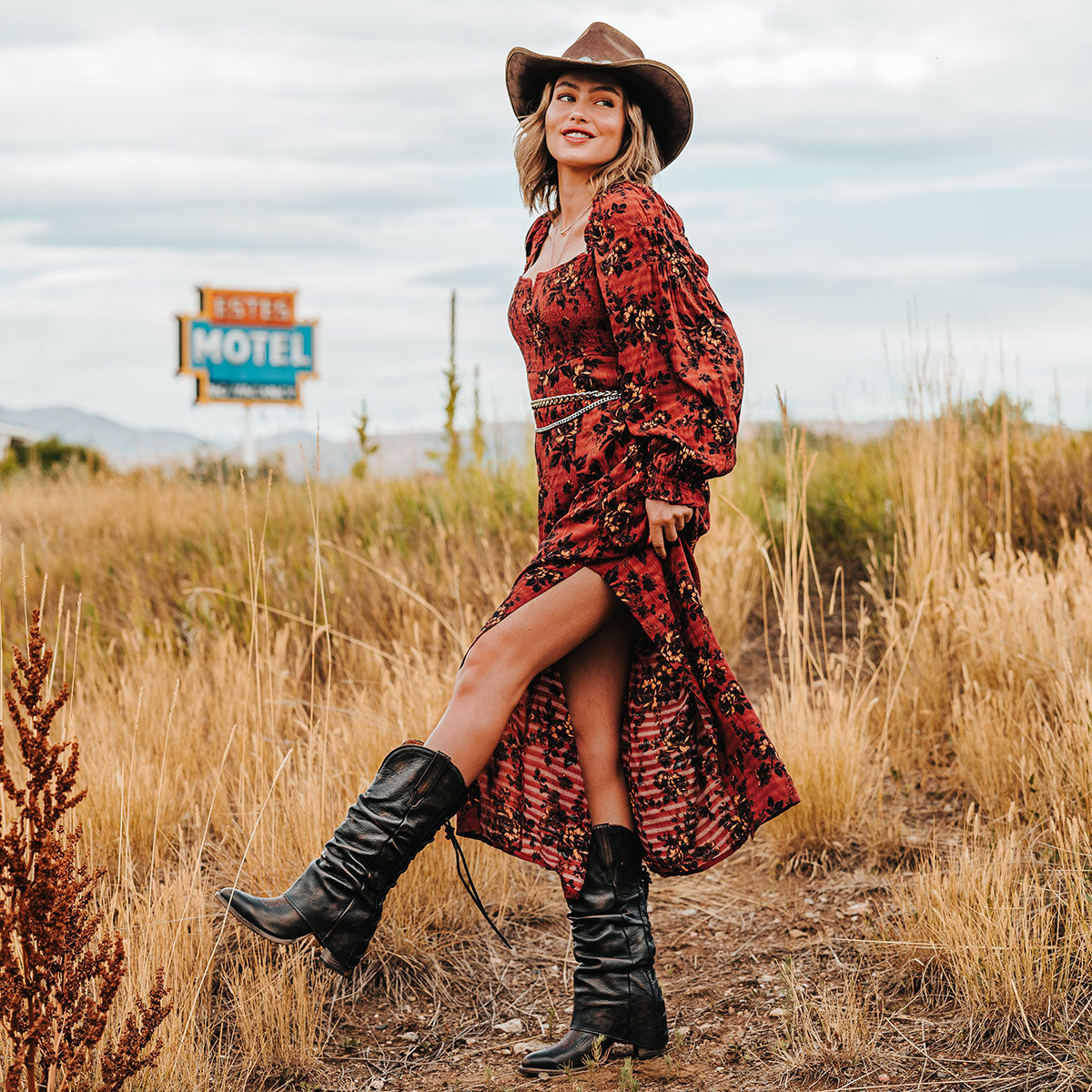 FREEBIRD women's Jules black leather high flare heel western boot with stitch detailing and back lacing lifestyle image