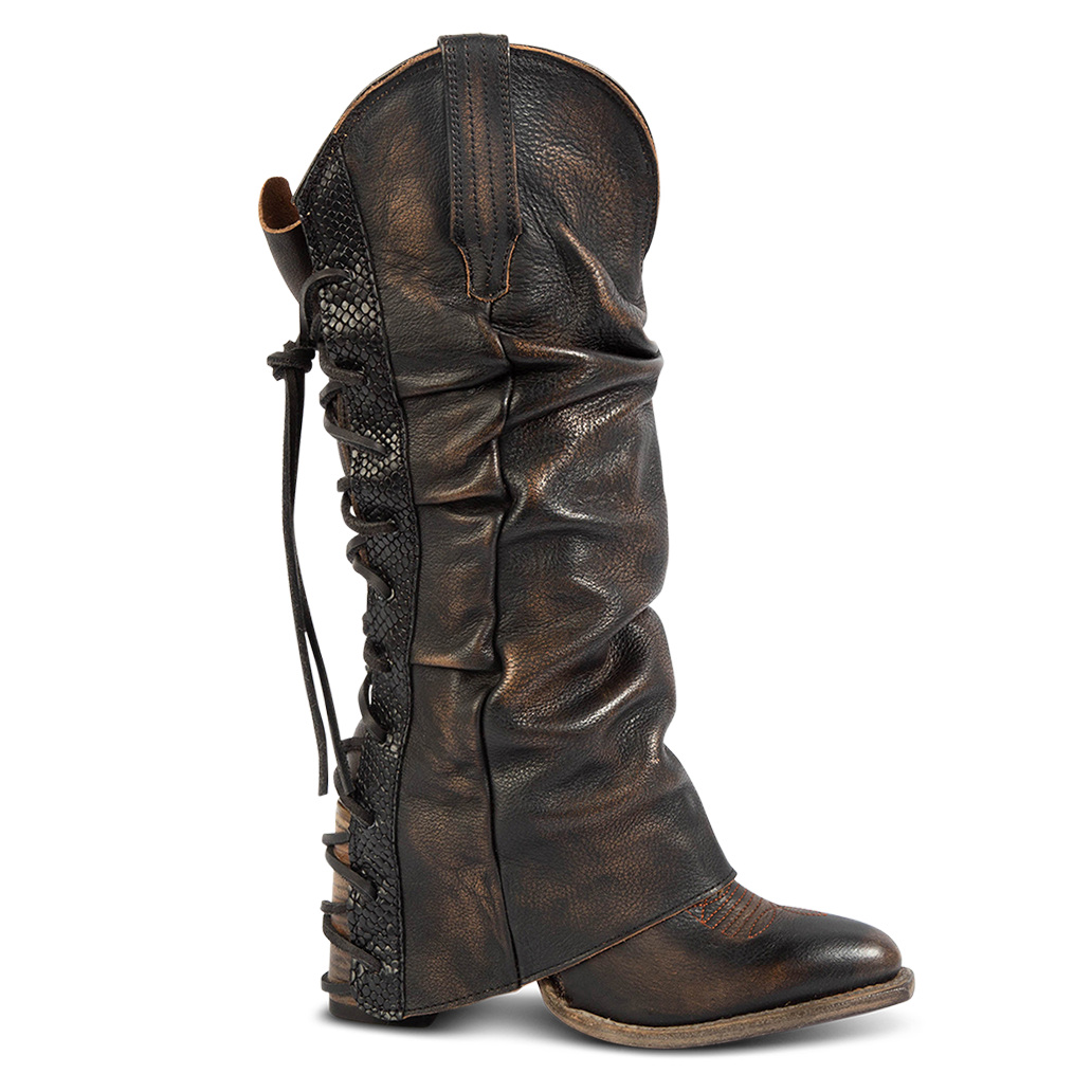 FREEBIRD women's Jules black leather high flare heel western boot with stitch detailing and back lacing