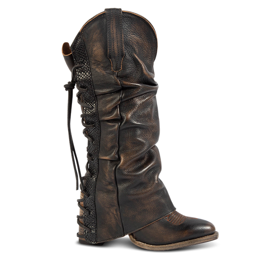 FREEBIRD women's Jules black leather high flare heel western boot with stitch detailing and back lacing