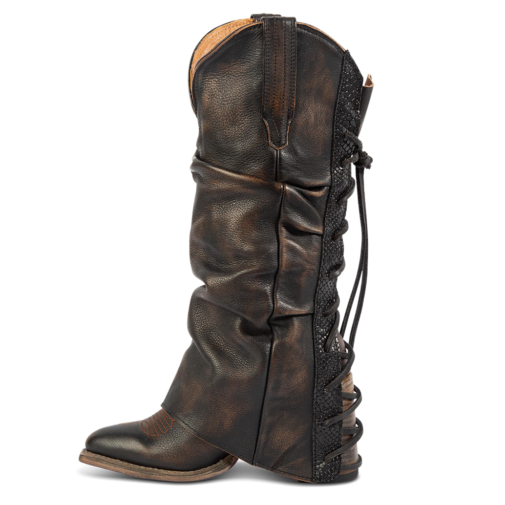 Front view showing relaxed overlay and pull strap on FREEBIRD women's Jules black leather high flare heel western boot