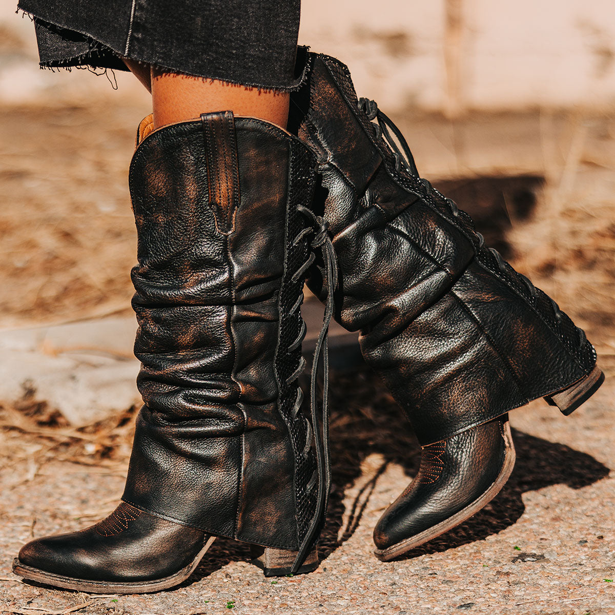 FREEBIRD women's Jules black leather high flare heel western boot with stitch detailing and back lacing