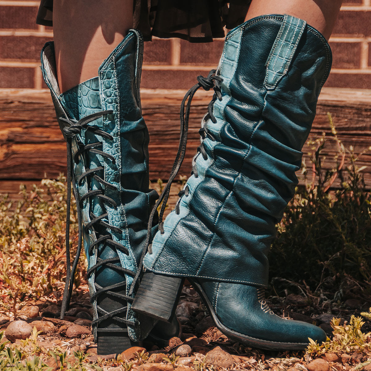 FREEBIRD women's Jules blue leather high flare heel western boot with stitch detailing and back lacing