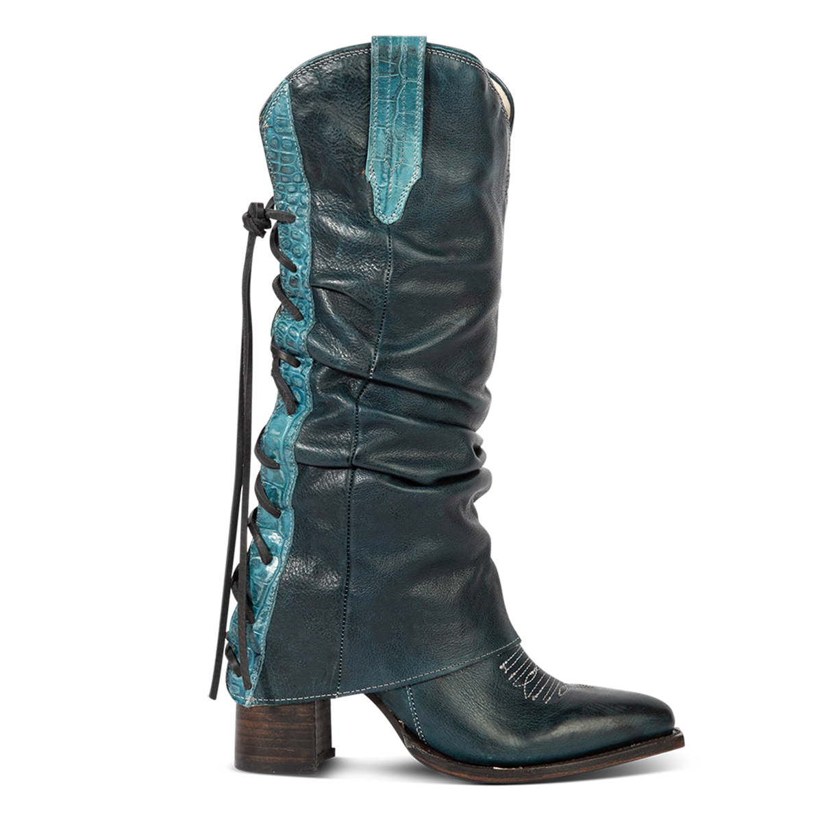 FREEBIRD women's Jules blue leather high flare heel western boot with stitch detailing and back lacing