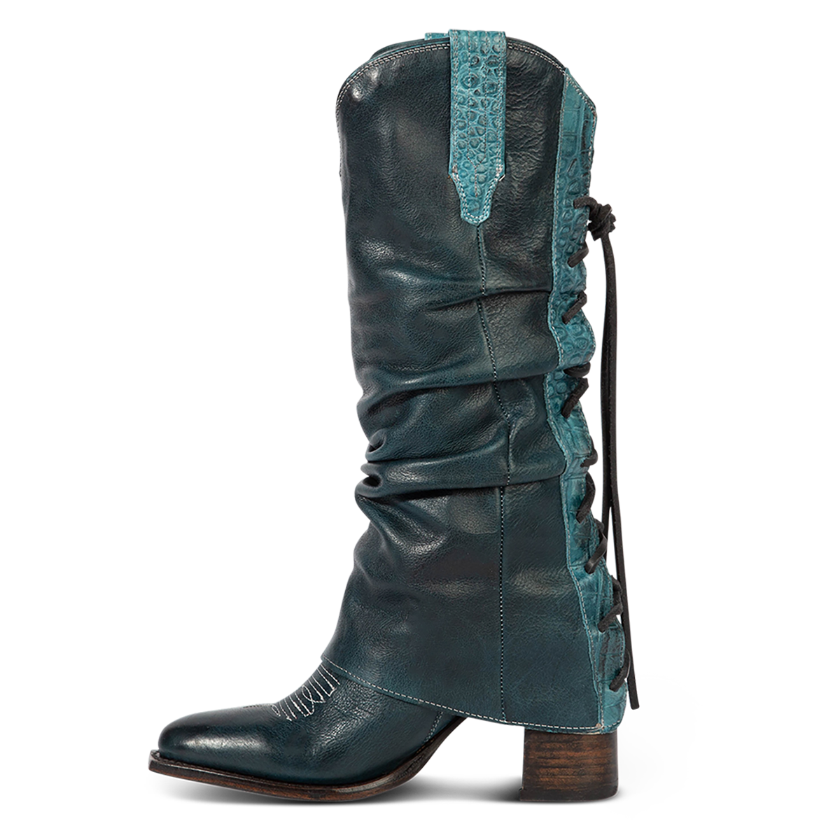 Inside view showing functioning pull straps and leather overlay cuff on FREEBIRD women's Jules blue leather high flare heel western boot