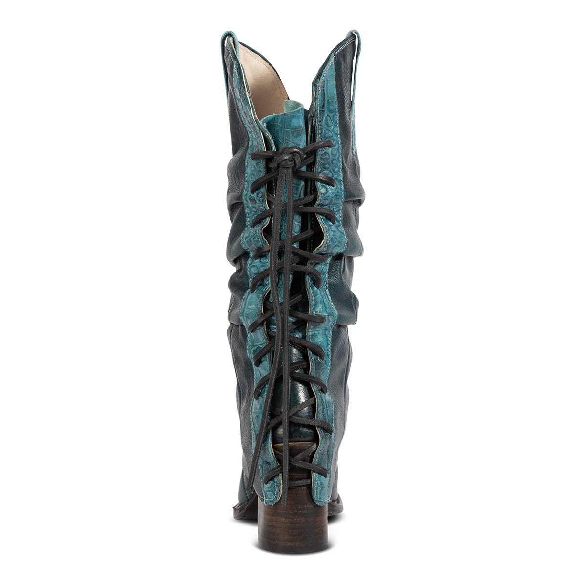 Back view showing leather lacing panel on FREEBIRD women's Jules blue leather high flare heel western boot