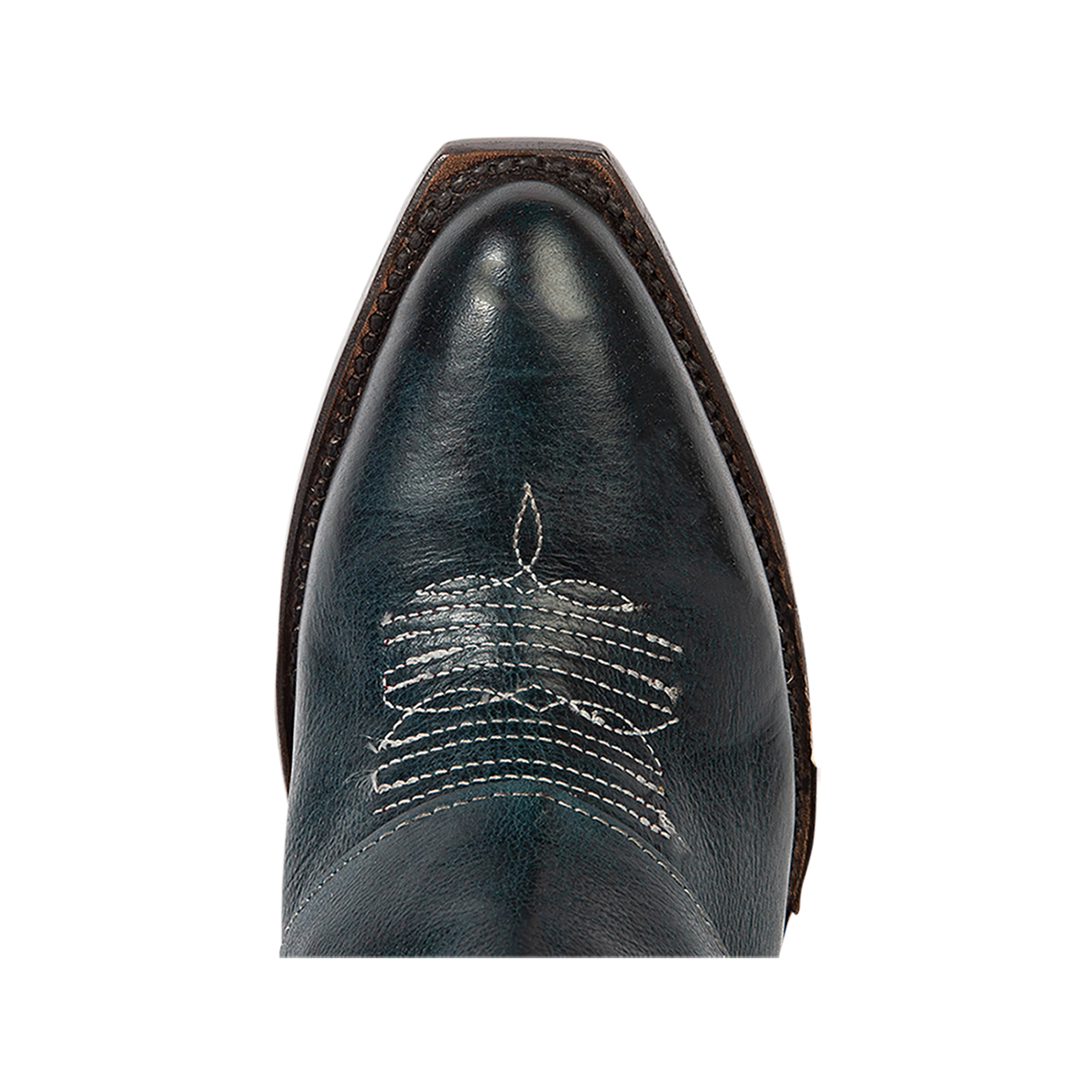 Top view showing pointed toe with decorative stitching on FREEBIRD women's Jules blue leather high flare heel western boot