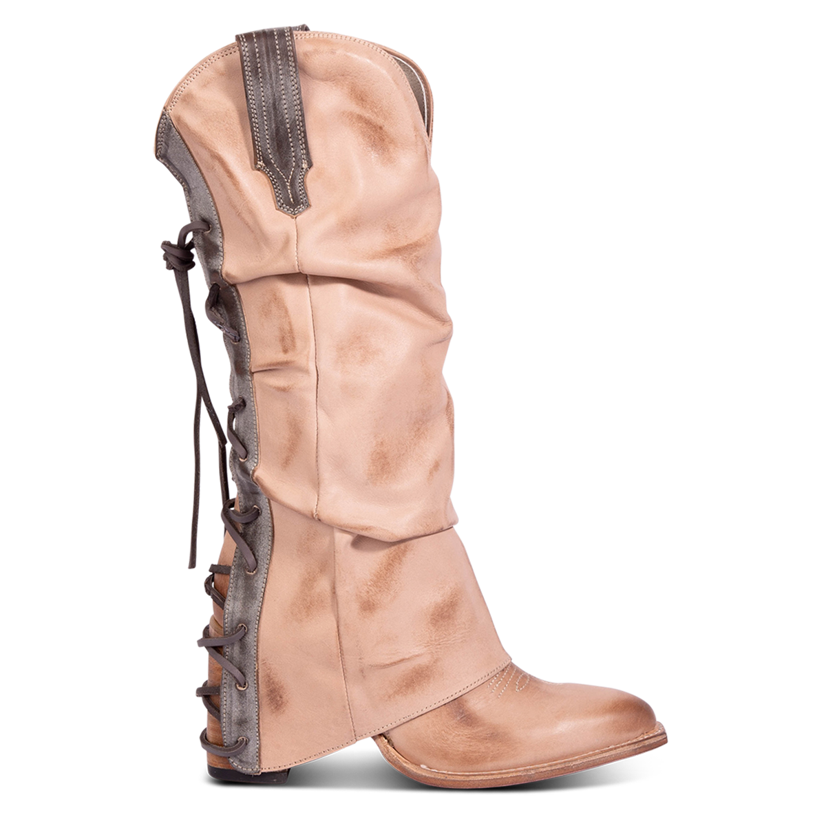 FREEBIRD women's Jules blush leather high flare heel western boot with stitch detailing and back lacing