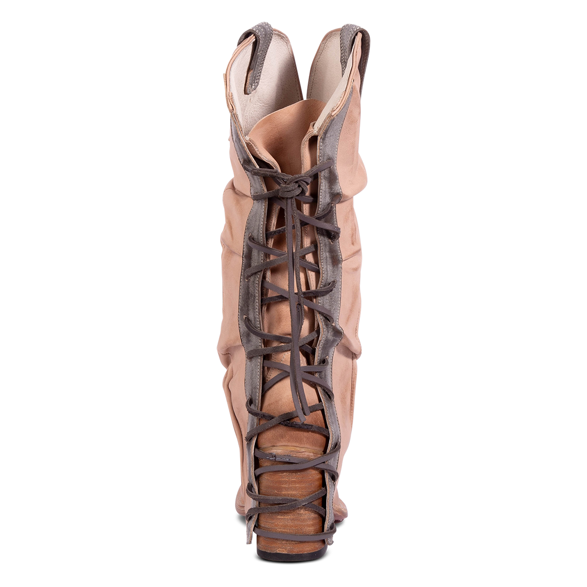 Back view showing leather lacing panel on FREEBIRD women's Jules blush leather high flare heel western boot