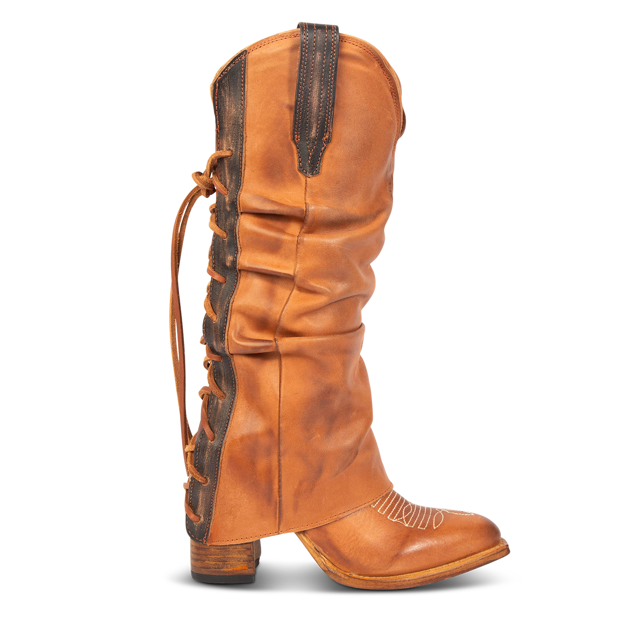 FREEBIRD women's Jules cognac leather high flare heel western boot with stitch detailing and back lacing