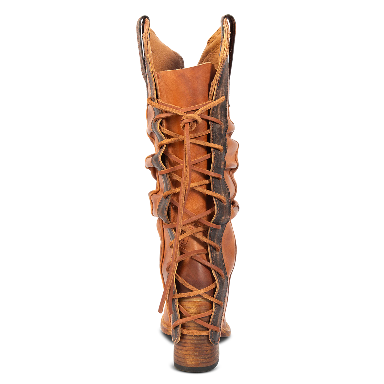 Back view showing leather lacing panel on FREEBIRD women's Jules cognac leather high flare heel western boot