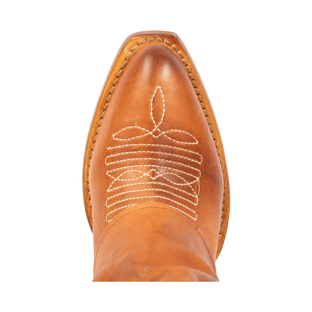 Top view showing pointed toe with decorative stitching on FREEBIRD women's Jules cognac leather high flare heel western boot