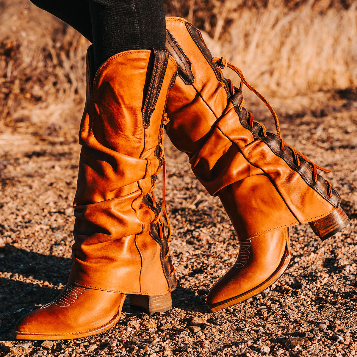 FREEBIRD women's Jules cognac leather high flare heel western boot with stitch detailing and back lacing