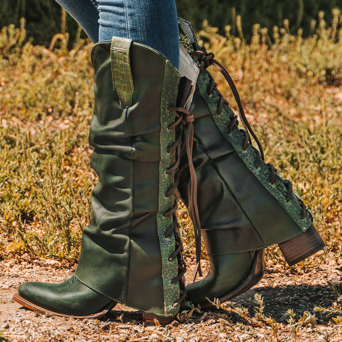 FREEBIRD women's Jules green leather high flare heel western boot with stitch detailing and back lacing