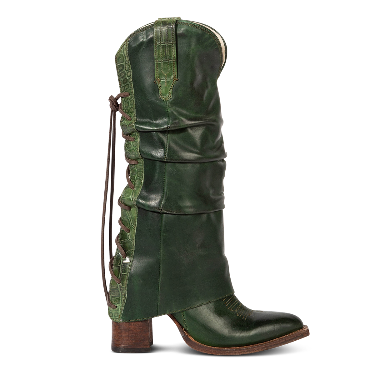 FREEBIRD women's Jules green leather high flare heel western boot with stitch detailing and back lacing