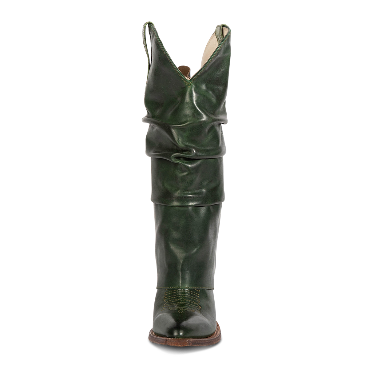 Front view showing relaxed overlay and front dip on FREEBIRD women's Jules green leather high flare heel western boot