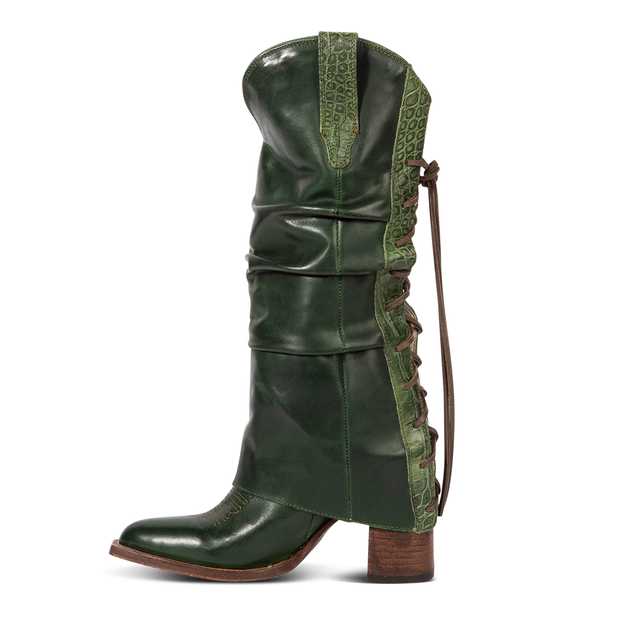 Inside view showing functioning pull straps and leather overlay cuff on FREEBIRD women's Jules green leather high flare heel western boot