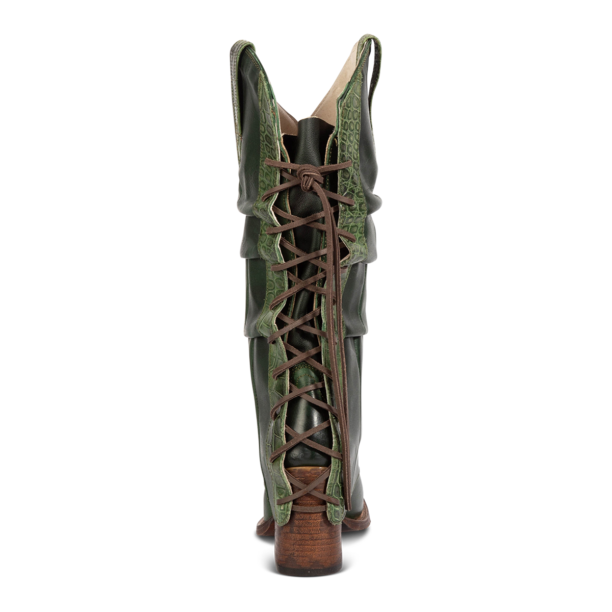 Back view showing leather lacing panel on FREEBIRD women's Jules green leather high flare heel western boot