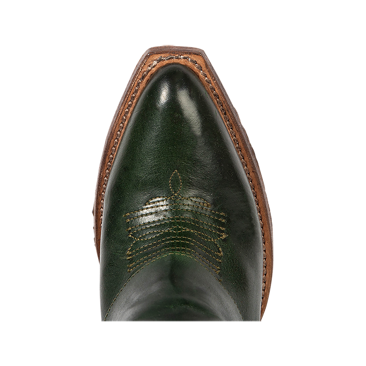 Top view showing pointed toe with decorative stitching on FREEBIRD women's Jules green leather high flare heel western boot