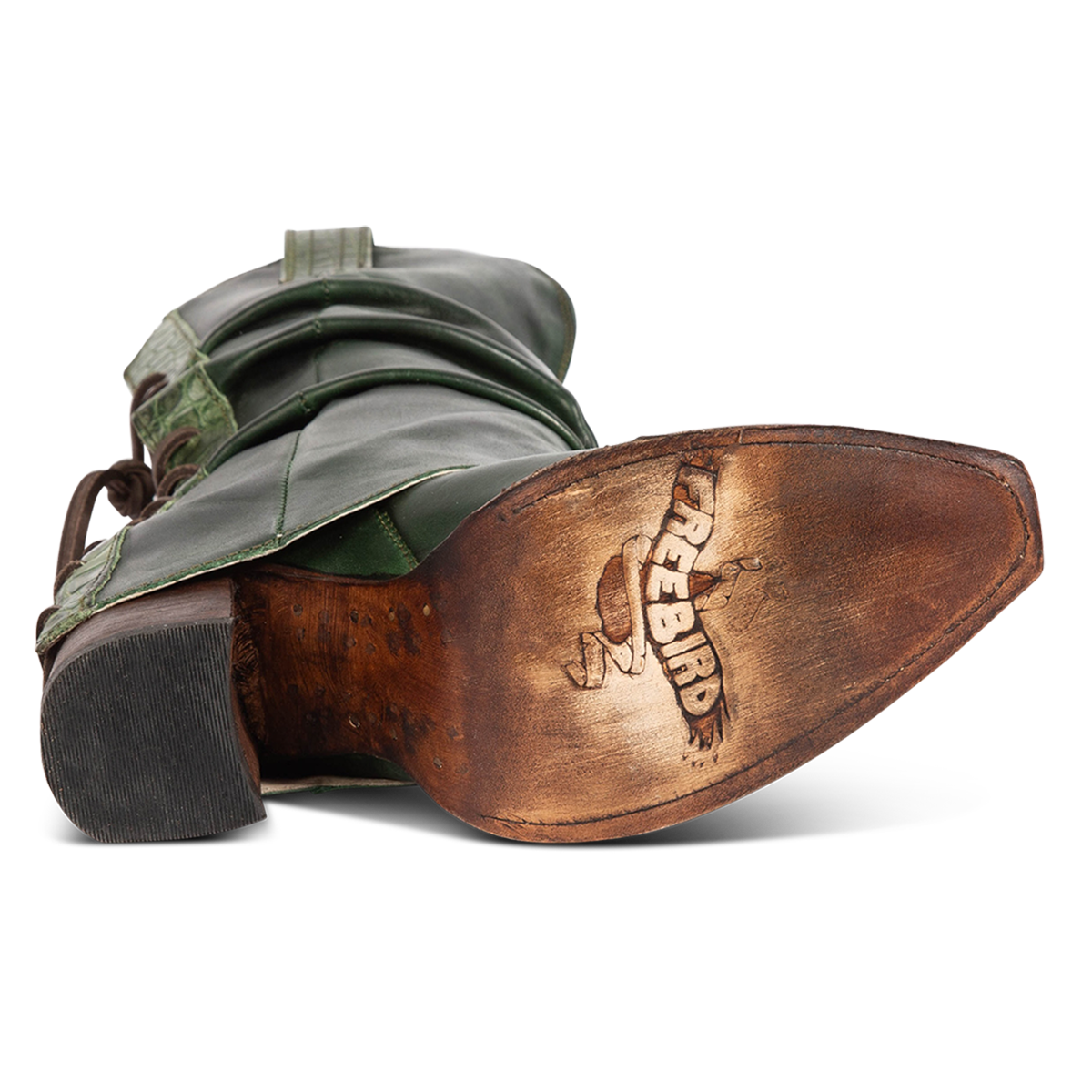 Leather sole imprinted with FREEBIRD on women's Jules green leather high flare heel western boot