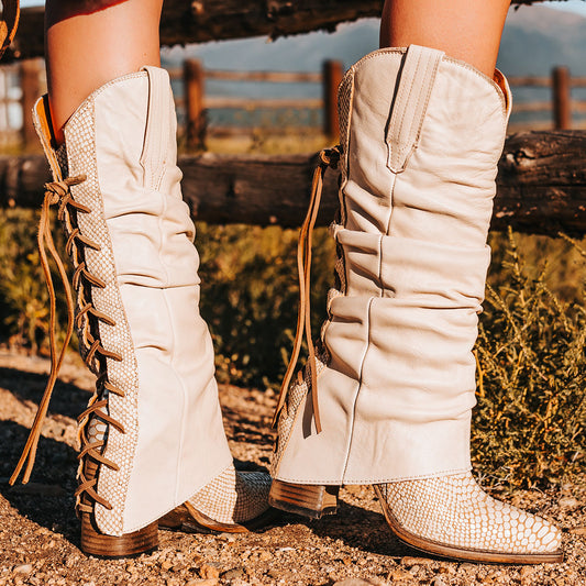 FREEBIRD women's Jules white snake leather high flare heel western boot with stitch detailing and back lacing