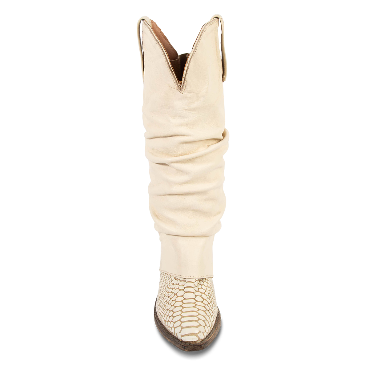 Front view showing relaxed overlay and front dip on FREEBIRD women's Jules white snake leather high flare heel western boot
