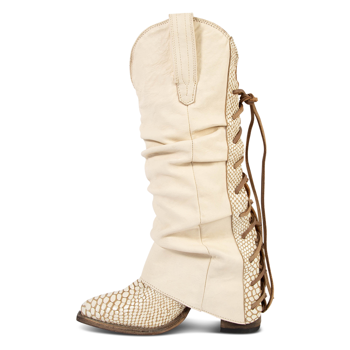 Front view showing relaxed overlay and pull strap on FREEBIRD women's Jules white snake leather high flare heel western boot