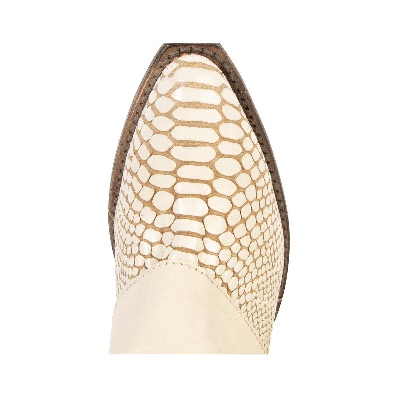 Top view showing pointed toe with decorative stitching on FREEBIRD women's Jules white snake leather high flare heel western boot