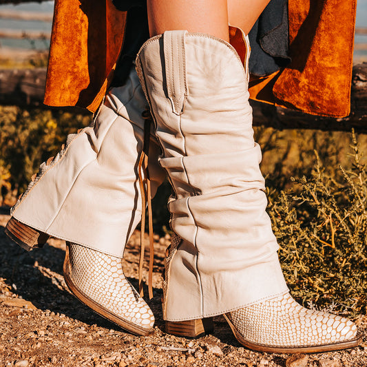 FREEBIRD women's Jules white snake leather high flare heel western boot with stitch detailing and back lacing