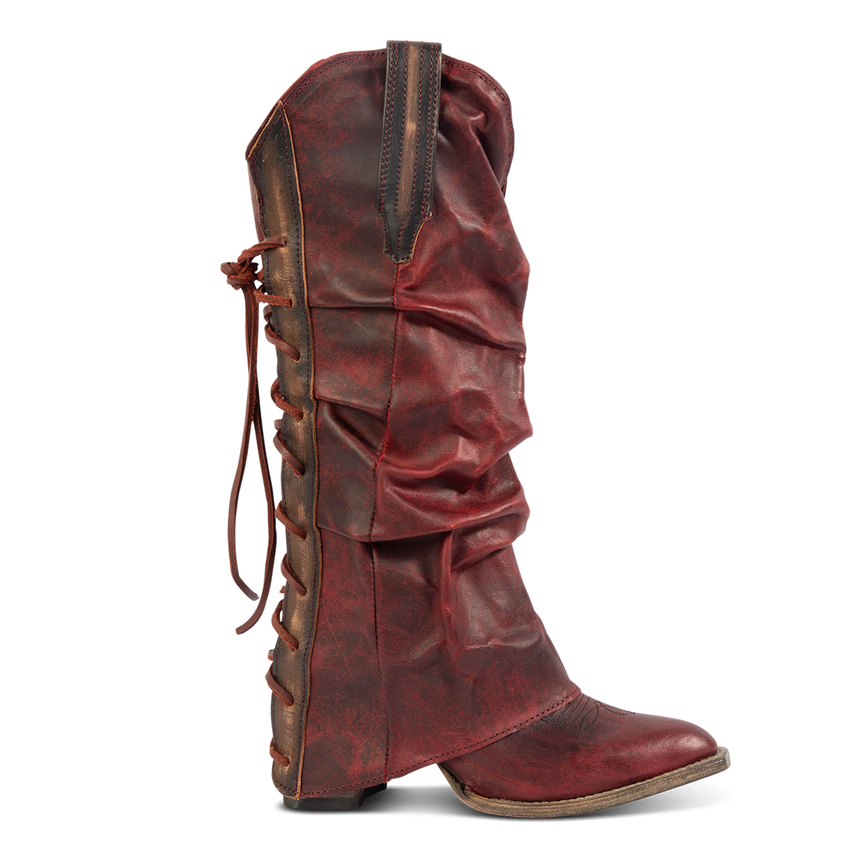 FREEBIRD women's Jules wine leather high flare heel western boot with stitch detailing and back lacing