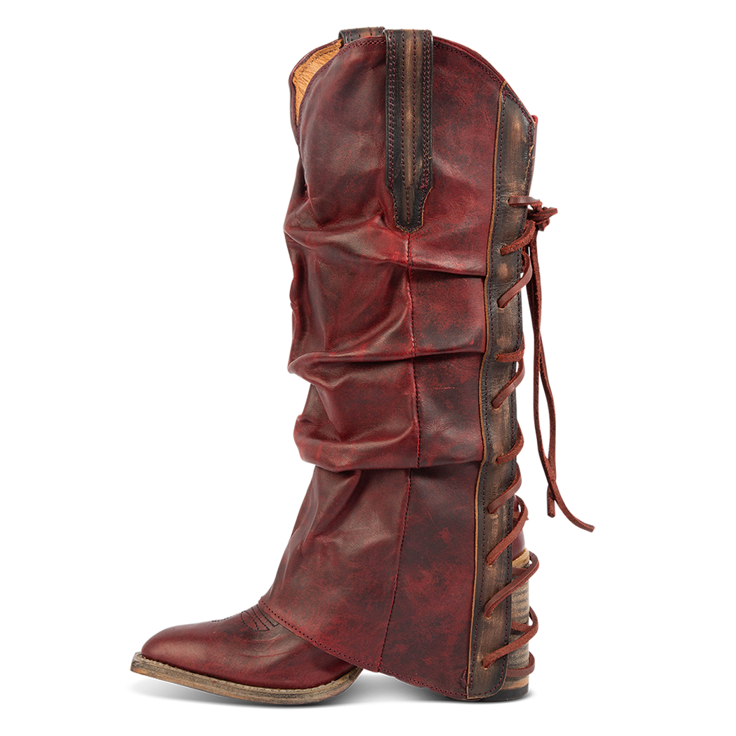 Front view showing relaxed overlay and pull strap on FREEBIRD women's Jules wine leather high flare heel western boot