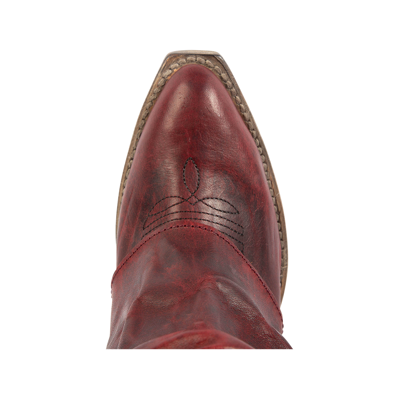 Top view showing pointed toe with decorative stitching on FREEBIRD women's Jules wine leather high flare heel western boot