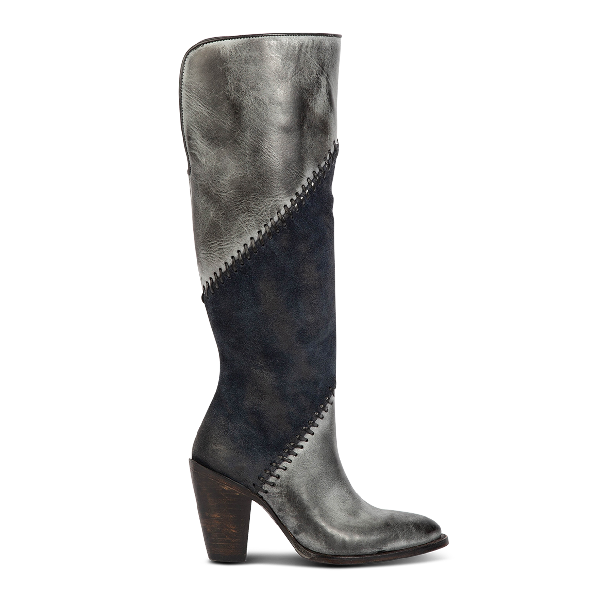 Freebird women's JUNIE blue leather boot with both solid and suede leather, whip stitching detailing and pointed toe finish 