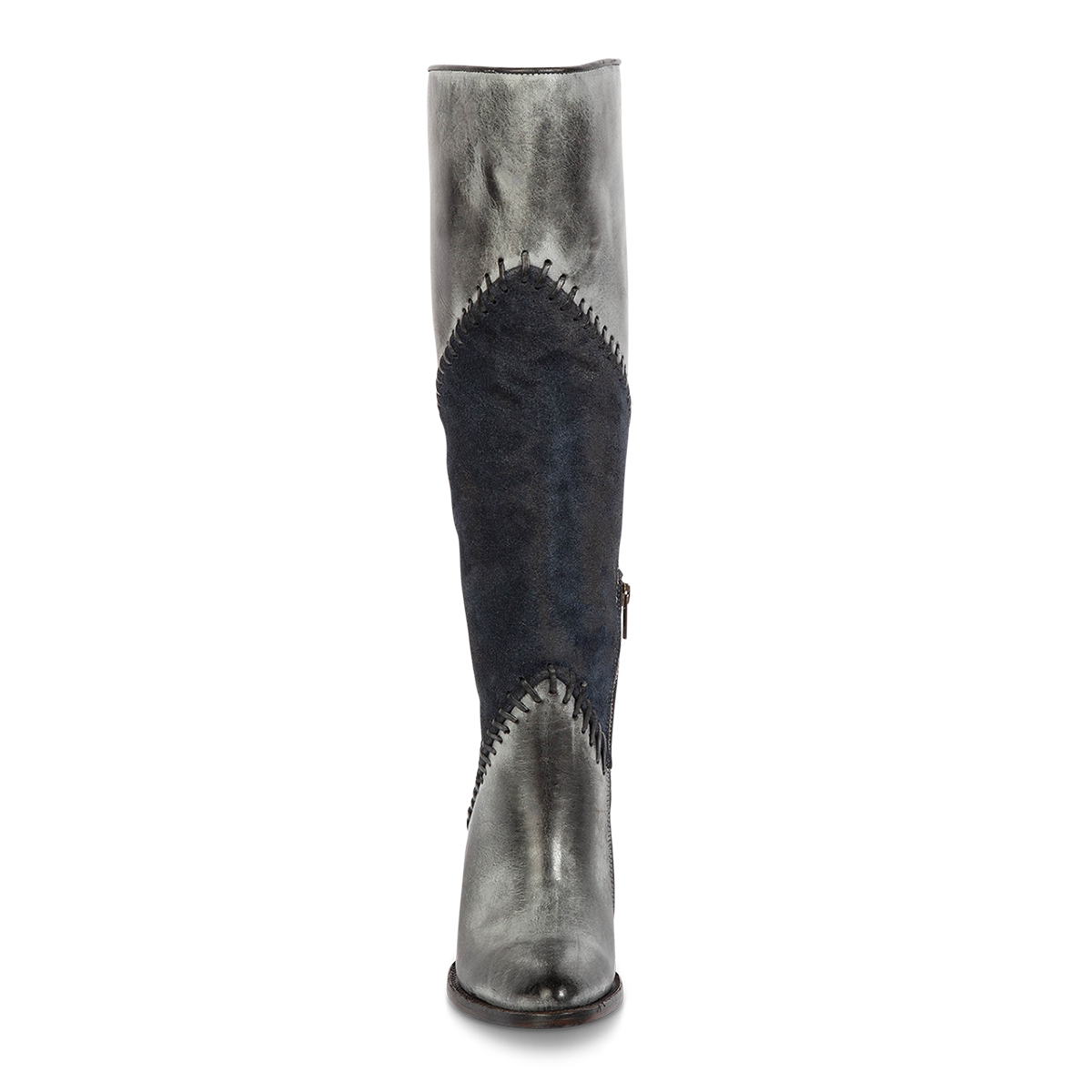 Front view showing Freebird women's JUNIE blue leather boot with both solid and suede leather and whip stitch detailing