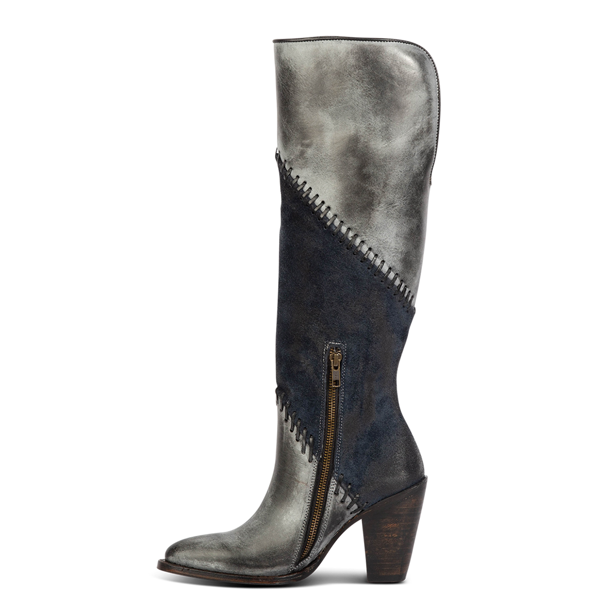Inside view showing Freebird women's JUNIE blue leather boot with both solid and suede leather, an inside brass zipper and pointed toe