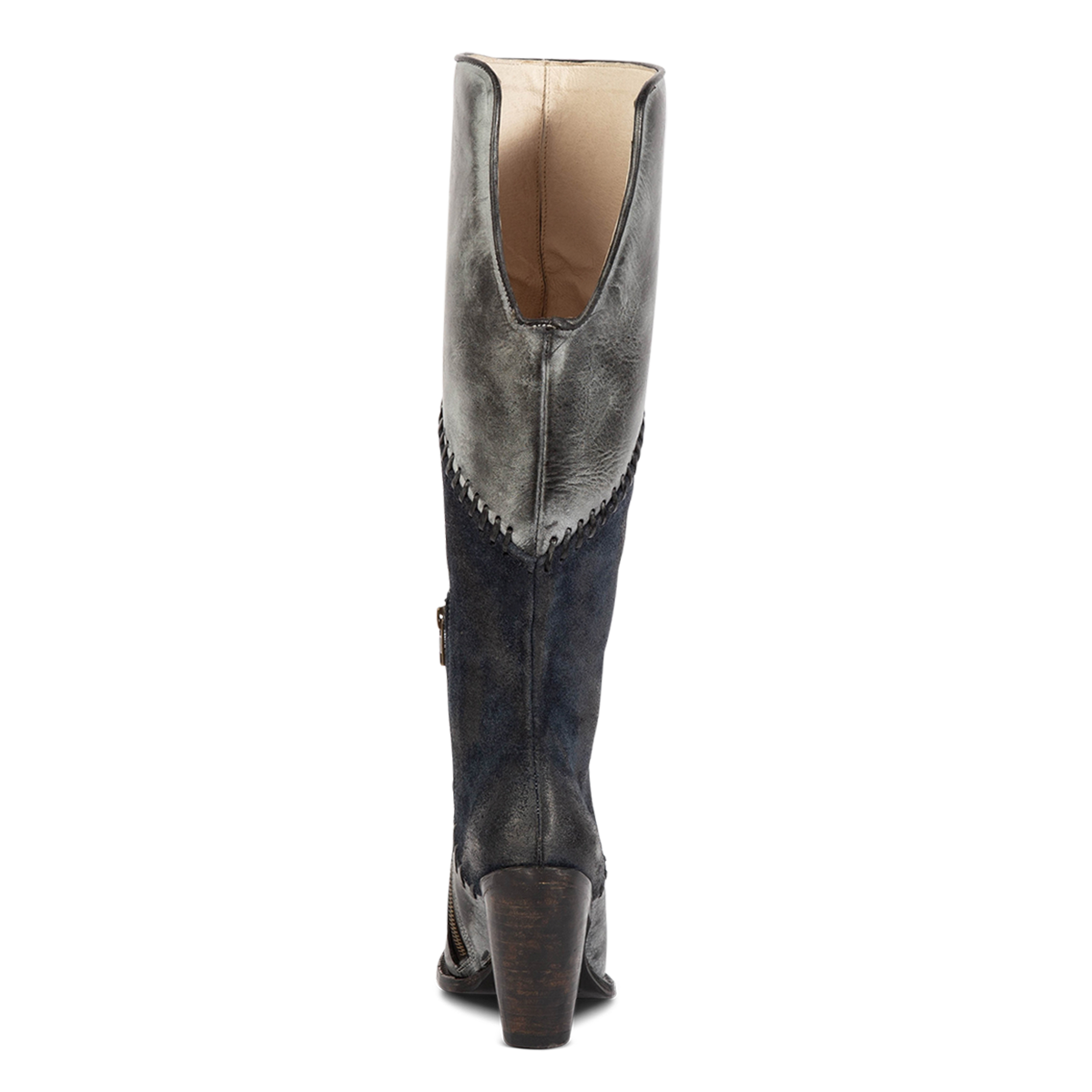 Back view showing Freebird women's JUNIE blue leather boot with both solid and suede leather, open back calf cutout and high heel