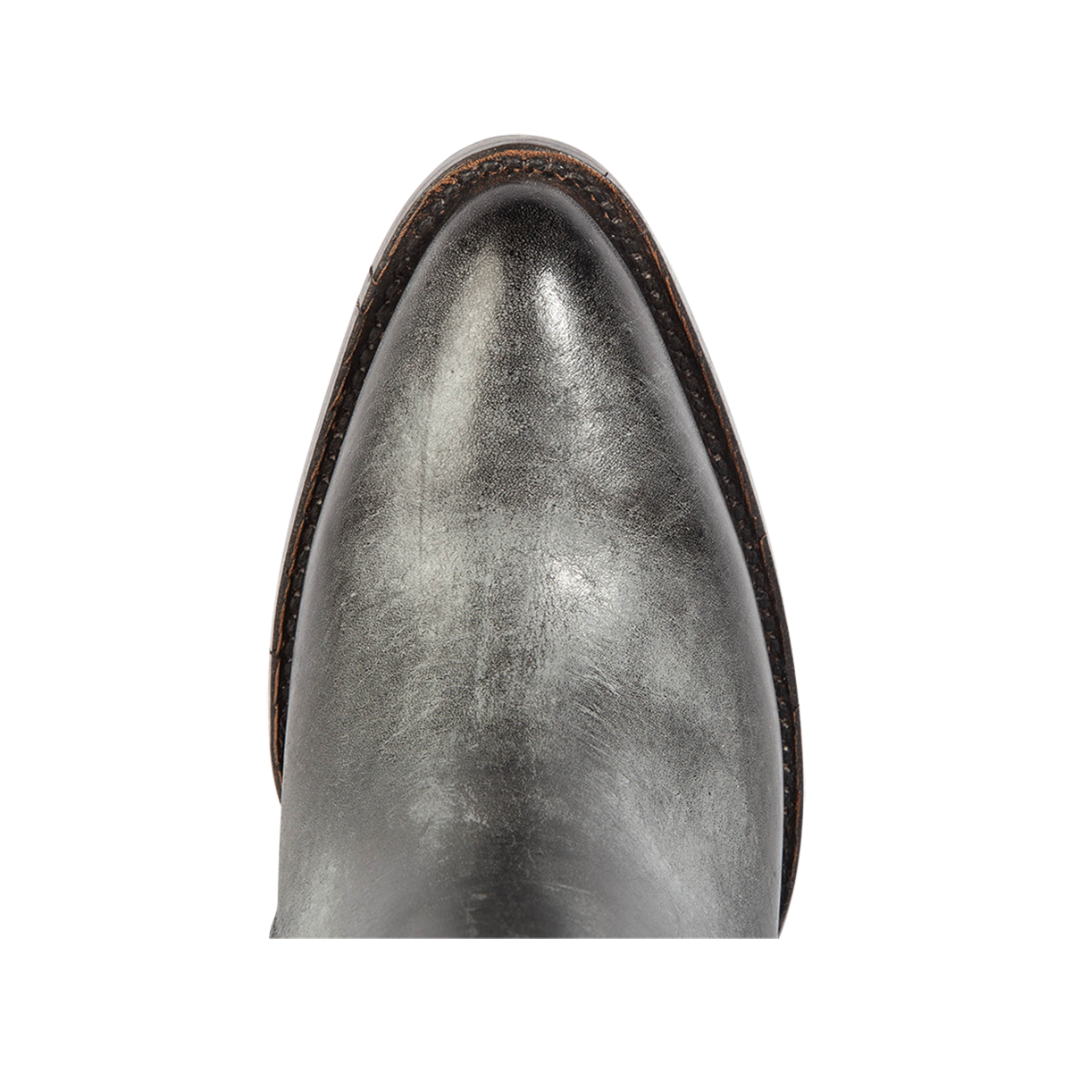 Top view showing a pointed toe silhouette on Freebird women's Junie blue leather and suede boot