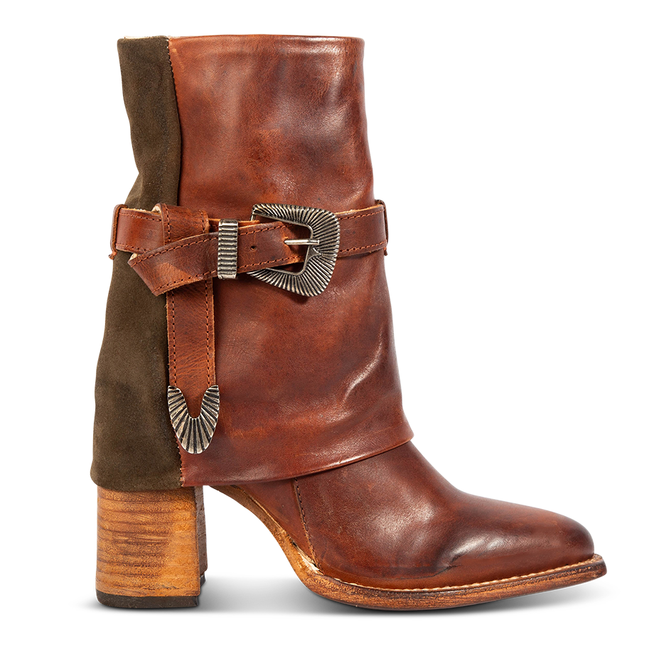 FREEBIRD women's Jylina cognac leather & suede bootie with a shaft belt, pointed toe and stacked heel