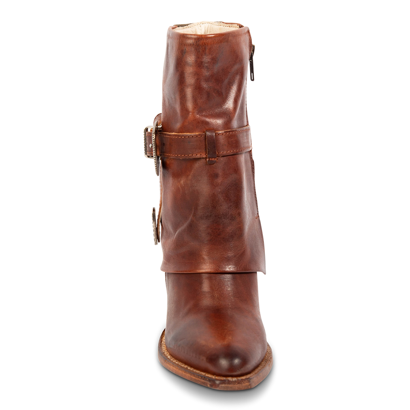 Front view of FREEBIRD women's Jylina cognac leather & suede bootie with a shaft belt and pointed toe