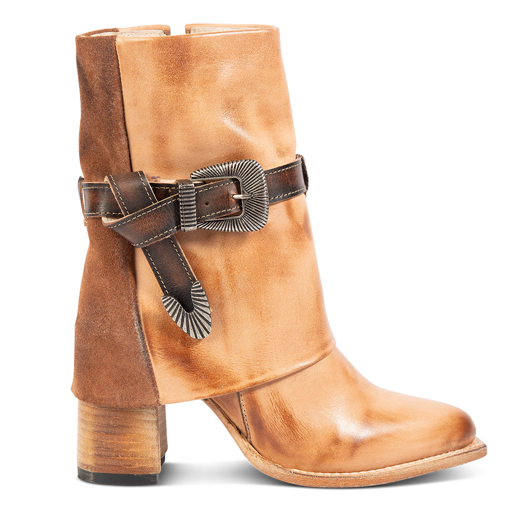 FREEBIRD women's Jylina taupe leather & suede bootie with a shaft belt, pointed toe and stacked heel