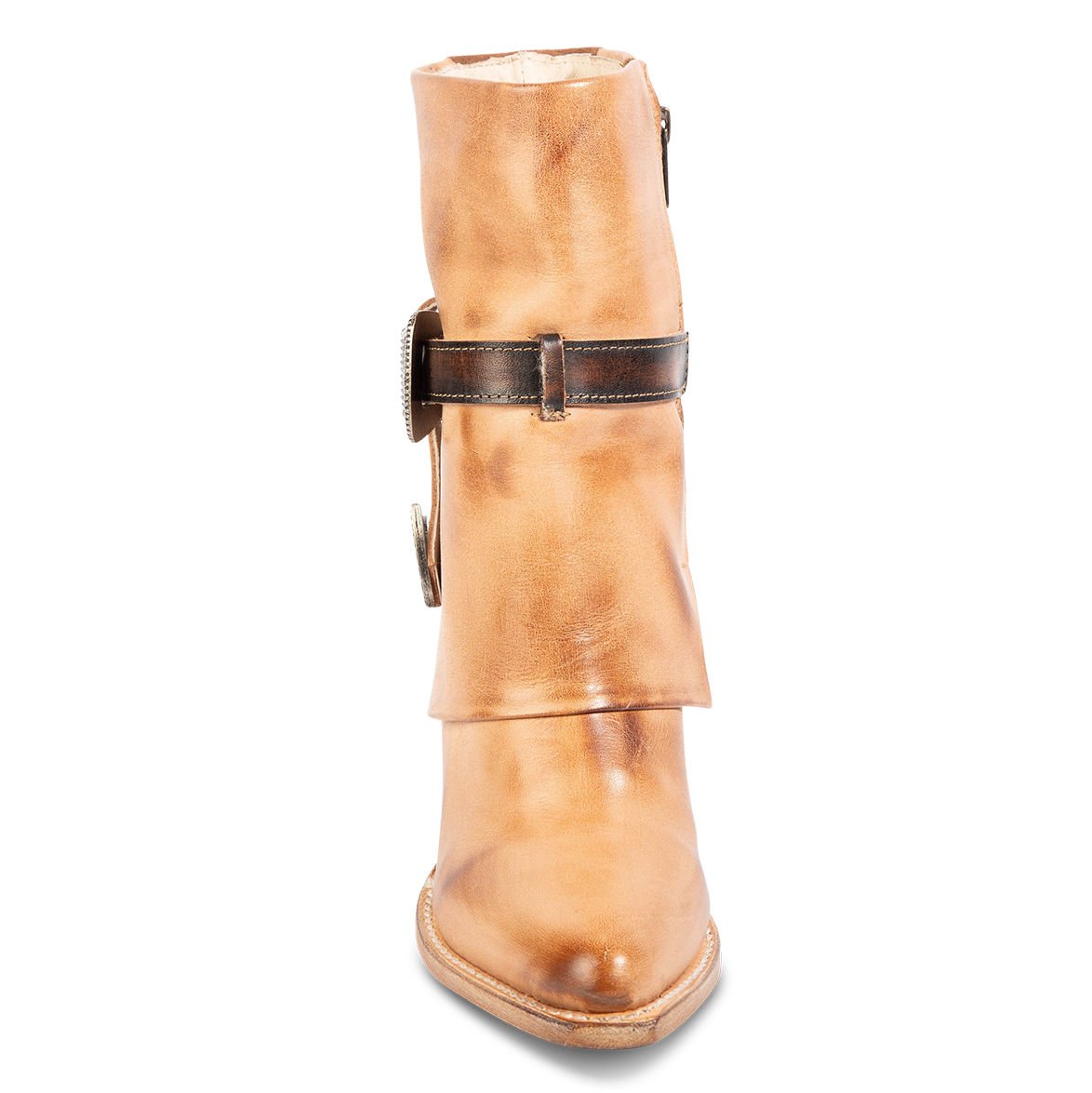 Front view of FREEBIRD women's Jylina taupe leather & suede bootie with a shaft belt and pointed toe