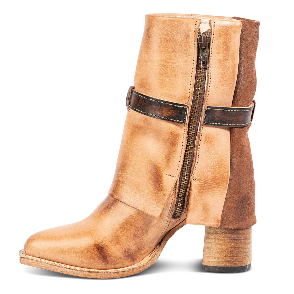 Side view of FREEBIRD women's Jylina taupe leather and suede bootie with inside working brass zipper, stacked heel and pointed toe