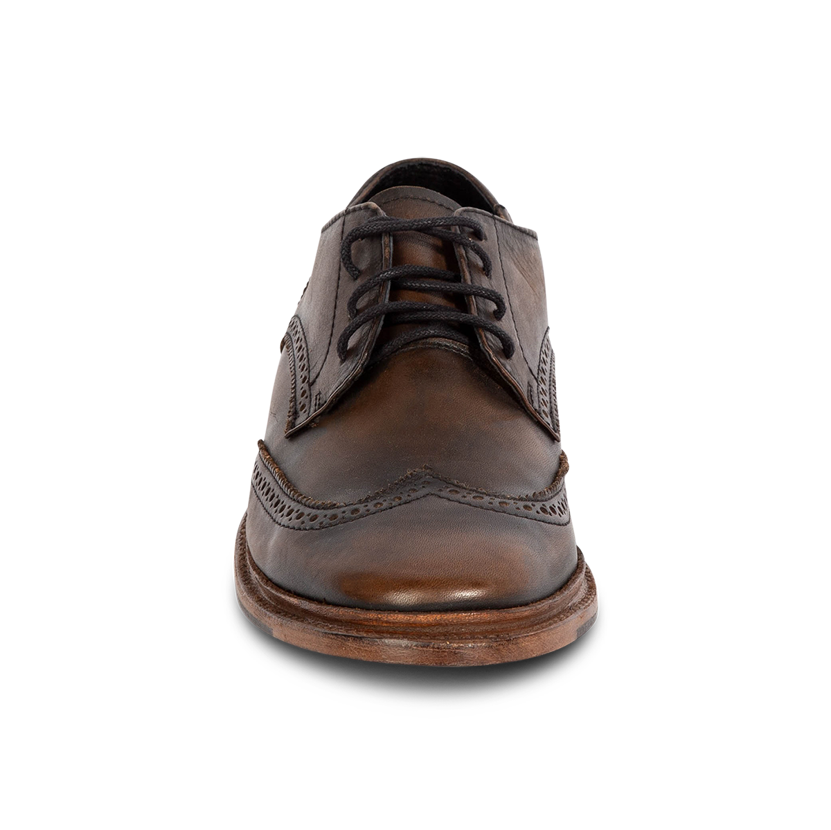 Front view showing FREEBIRD men's Kensington black distressed lace dress shoe with an wingtip toe 
