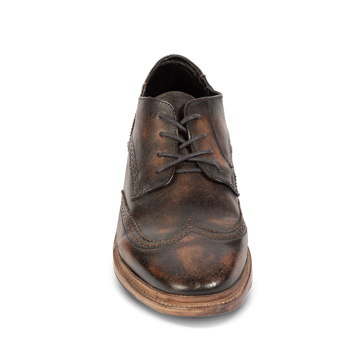 Front view showing FREEBIRD men's Kensington black distressed lace dress shoe with an wingtip toe 