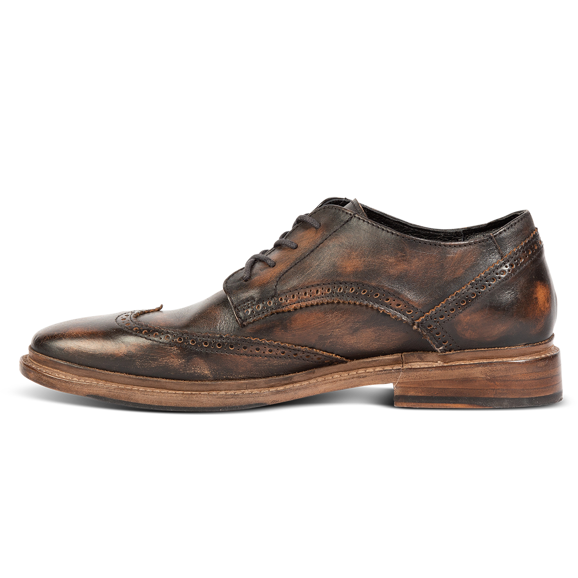 Inside view showing FREEBIRD men's Kensington black distressed lace dress shoe with an wingtip toe on a low heel