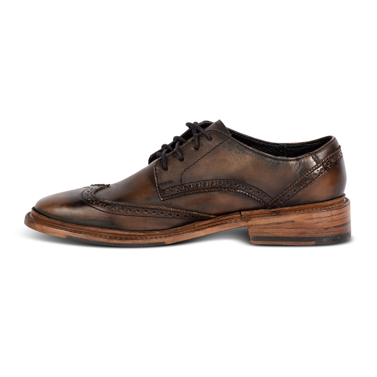 Inside view showing FREEBIRD men's Kensington black distressed lace dress shoe with an wingtip toe on a low heel
