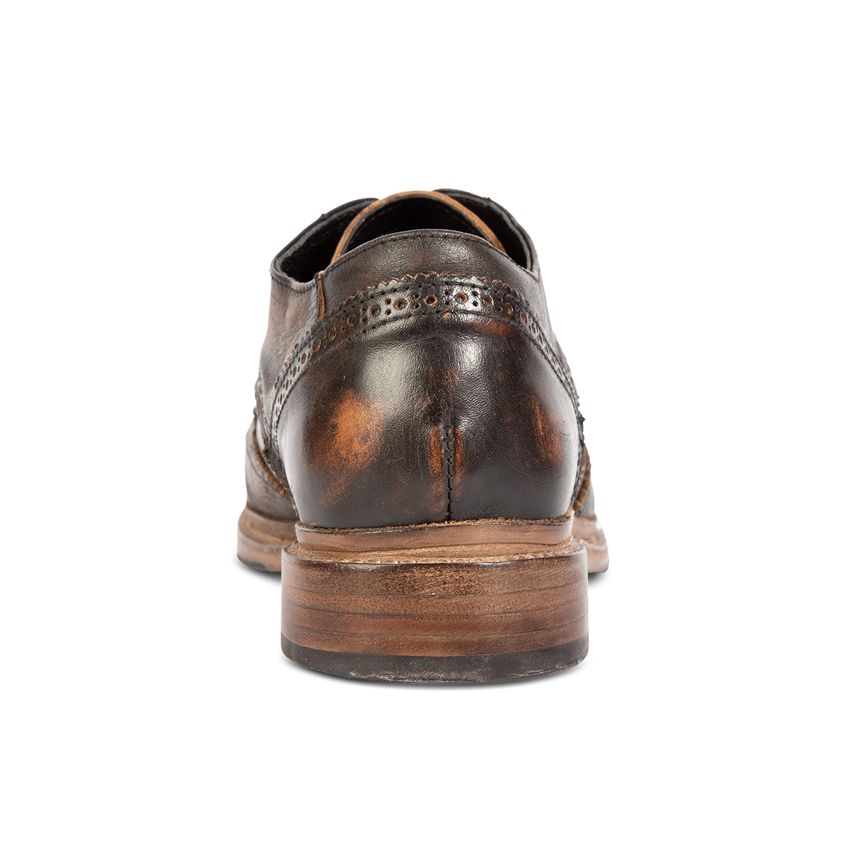 Back view showing a low heel on FREEBIRD men's Kensington black distressed lace dress shoe