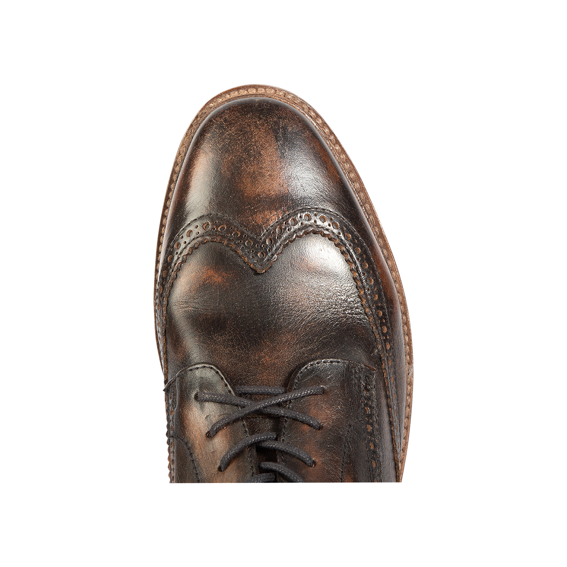 Top view showing FREEBIRD men's Kensington black distressed lace dress wingtip toe 
