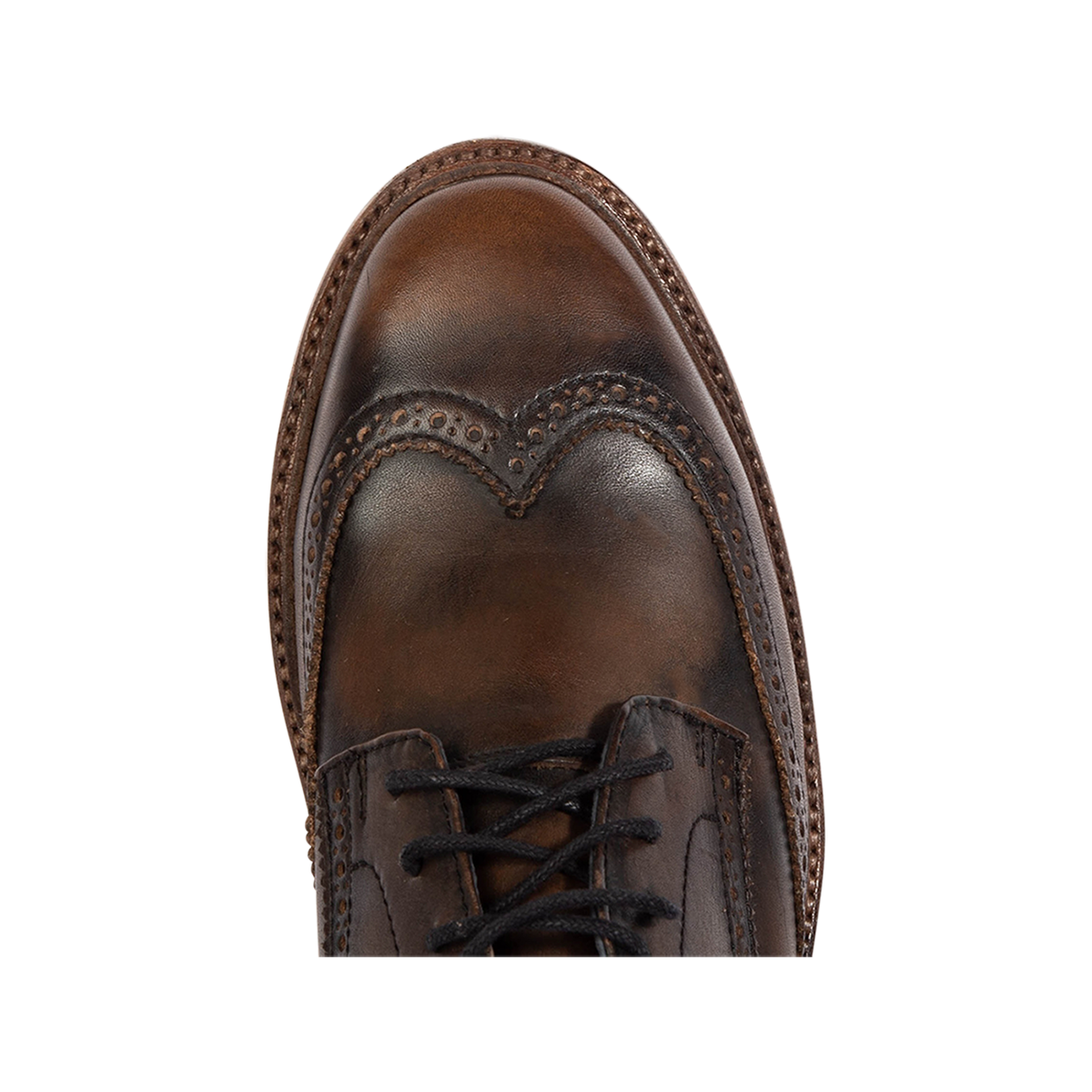 Top view showing FREEBIRD men's Kensington black distressed lace dress wingtip toe 