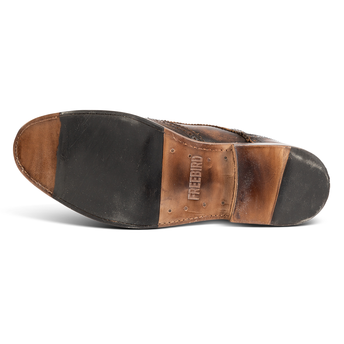 Leather and rubber sole imprinted with FREEBIRD on men's Kensington black distressed leather dress shoe 